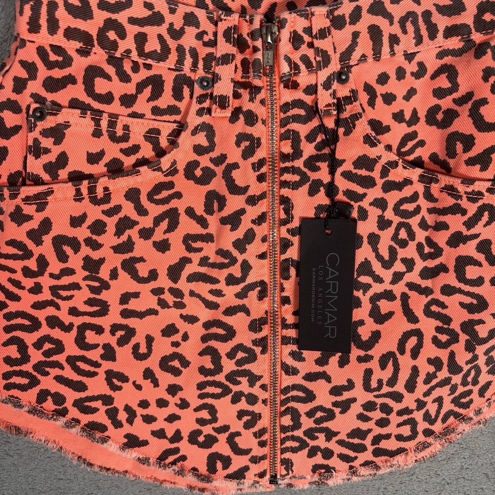 Carmar Denim Neon Orange Leopard Print Zip Front Mini Skirt Nwt Size 25 Y2k — image 2 of 8